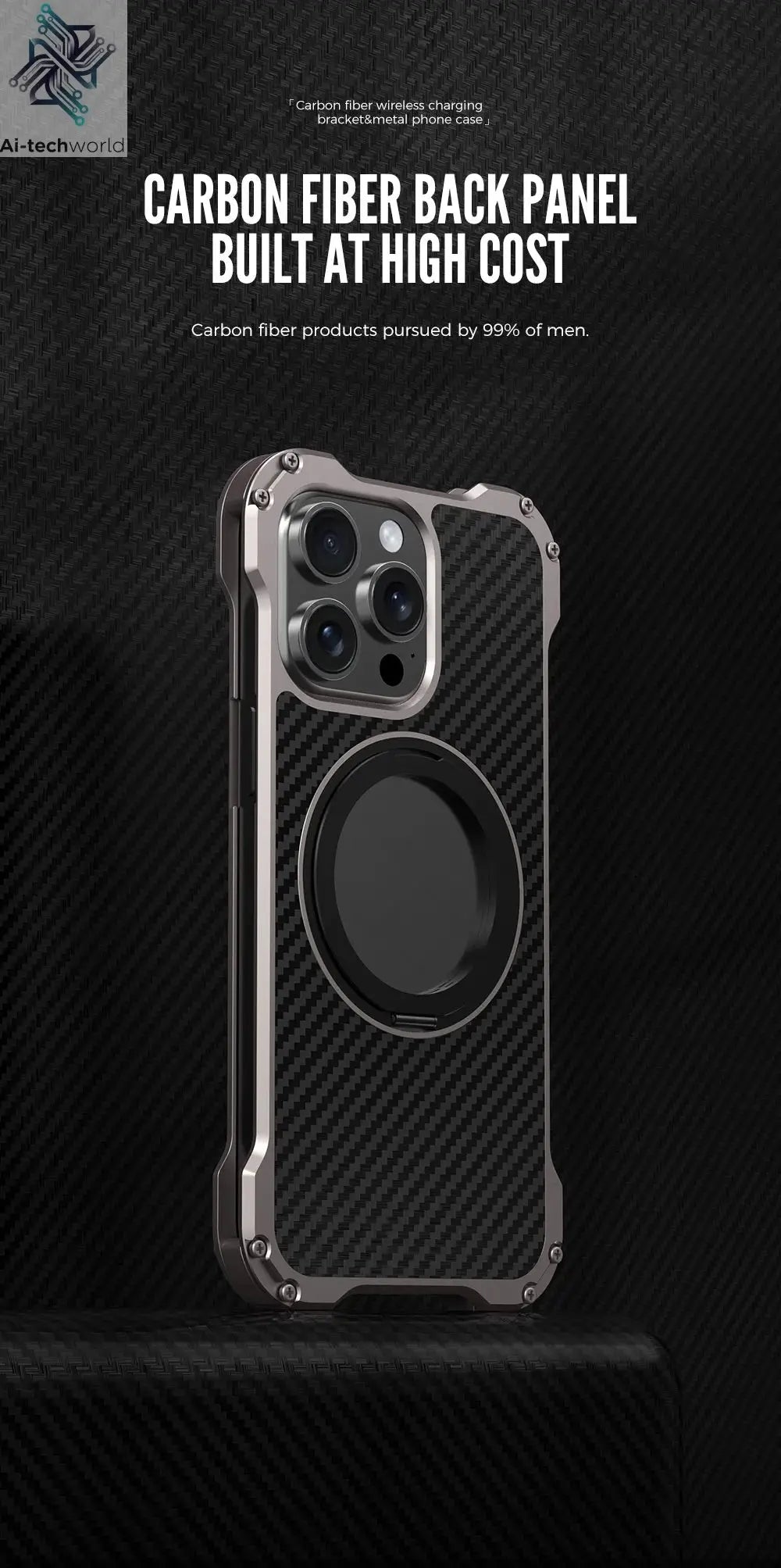 R-just Metal Carbon Fiber Case For iPhone 16 15 14 13 Pro Max Cover Lightweight Aluminum Alloy Funda Coque Built-in Holder Ring Ai-TechWorld 