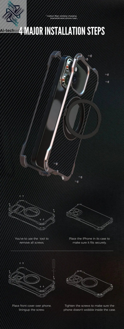 R-just Metal Carbon Fiber Case For iPhone 16 15 14 13 Pro Max Cover Lightweight Aluminum Alloy Funda Coque Built-in Holder Ring Ai-TechWorld 