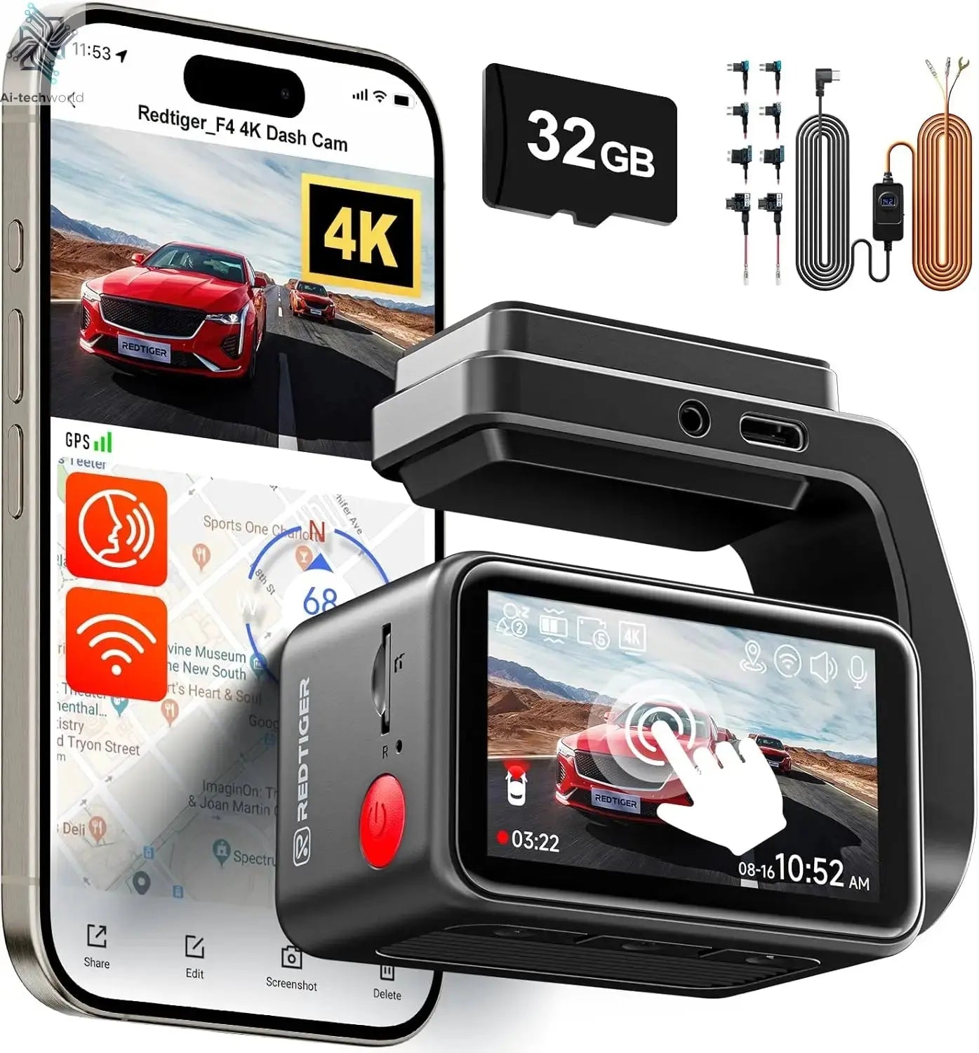 REDTIGER F4 4K Dash Cam Front, 2.2 inch Mini Car Camera, 2160P UHD Touch Screen, Voice Control, Included 32GB Card, Night Vision Ai-TechWorld 