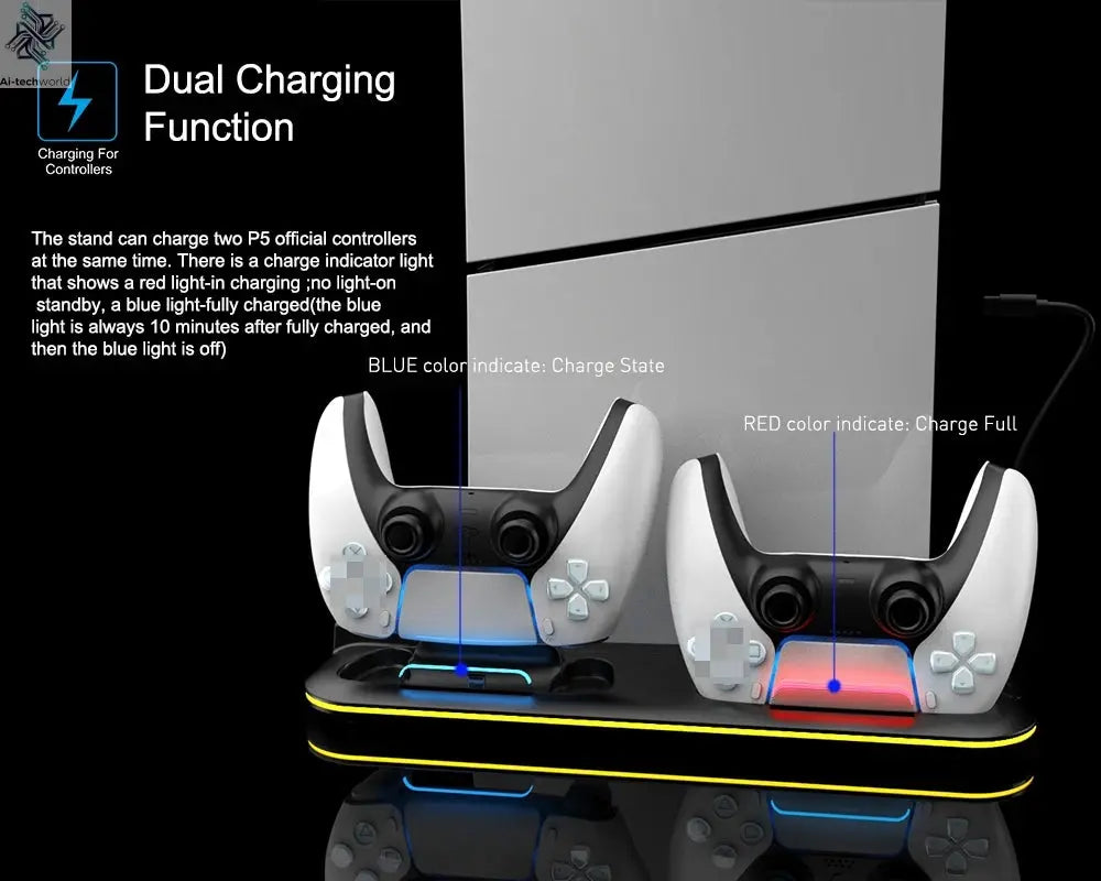 RGB Light and 3 Levels Turbo Cooling Station with Controller Charging Station for PS5/SLIM Digital/Disc with Headset Holder Ai-TechWorld 