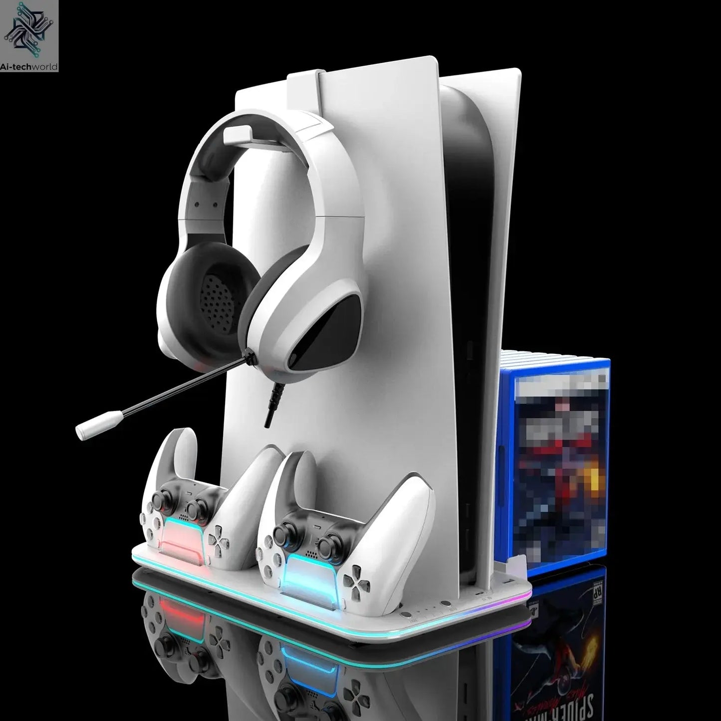RGB Light and 3 Levels Turbo Cooling Station with Controller Charging Station for PS5/SLIM Digital/Disc with Headset Holder Ai-TechWorld 