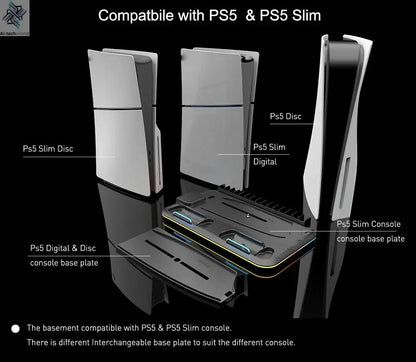 RGB Light and 3 Levels Turbo Cooling Station with Controller Charging Station for PS5/SLIM Digital/Disc with Headset Holder Ai-TechWorld 