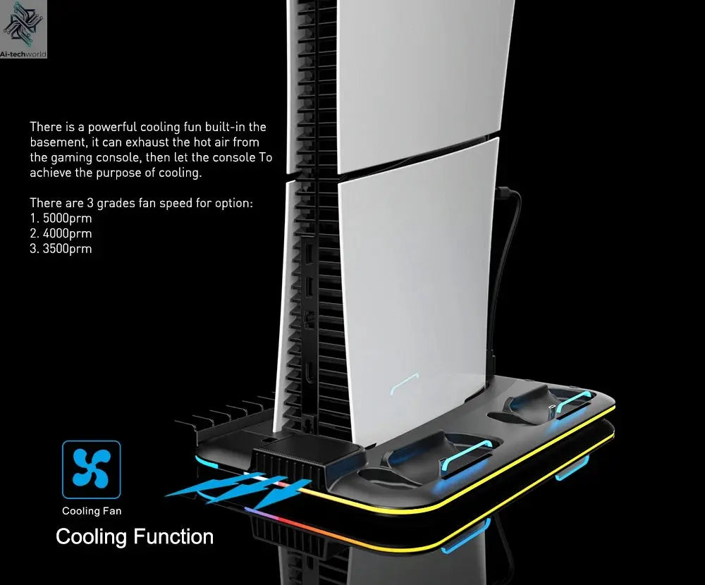 RGB Light and 3 Levels Turbo Cooling Station with Controller Charging Station for PS5/SLIM Digital/Disc with Headset Holder Ai-TechWorld 