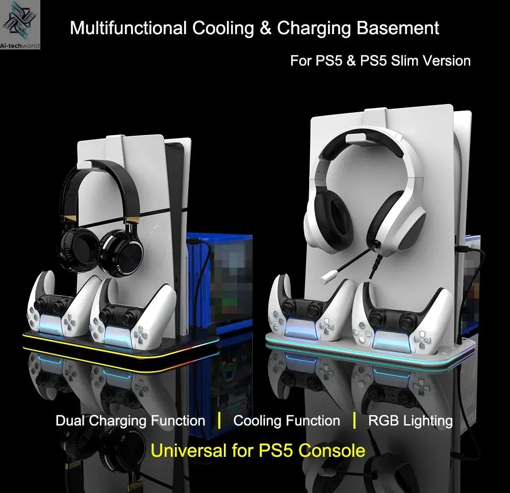 RGB Light and 3 Levels Turbo Cooling Station with Controller Charging Station for PS5/SLIM Digital/Disc with Headset Holder Ai-TechWorld 