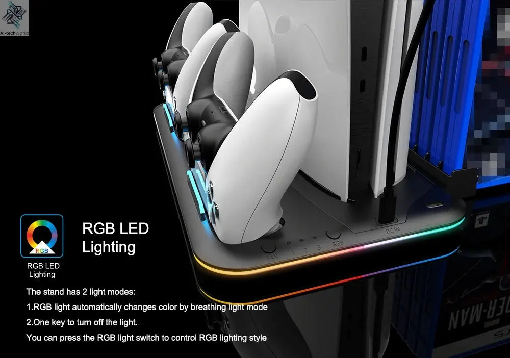 RGB Light and 3 Levels Turbo Cooling Station with Controller Charging Station for PS5/SLIM Digital/Disc with Headset Holder Ai-TechWorld 