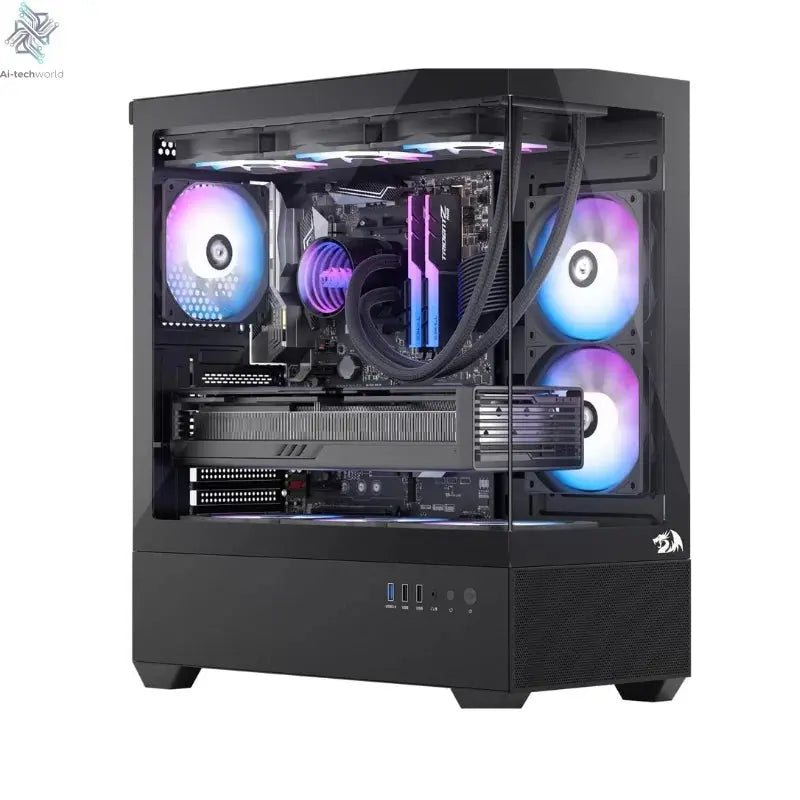 Redragon CA606 Gaming Back-Mounted ATX Computer Chassis,3 x 120mm Fans Pre-Installed 270° Full View PC Case, Ai-TechWorld 