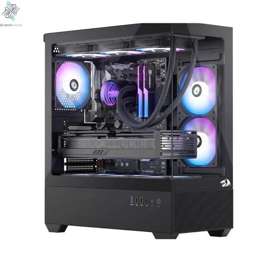 Redragon CA606 Gaming Back-Mounted ATX Computer Chassis,3 x 120mm Fans Pre-Installed 270° Full View PC Case, Ai-TechWorld 