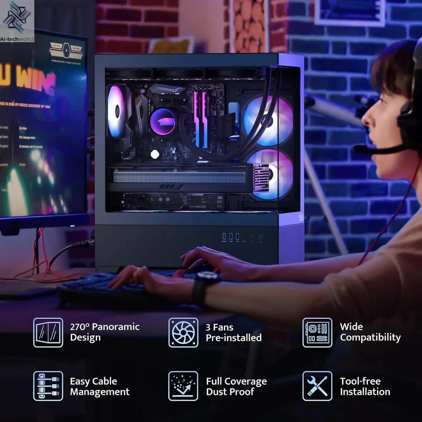 Redragon CA606 Gaming Back-Mounted ATX Computer Chassis,3 x 120mm Fans Pre-Installed 270° Full View PC Case, Ai-TechWorld 