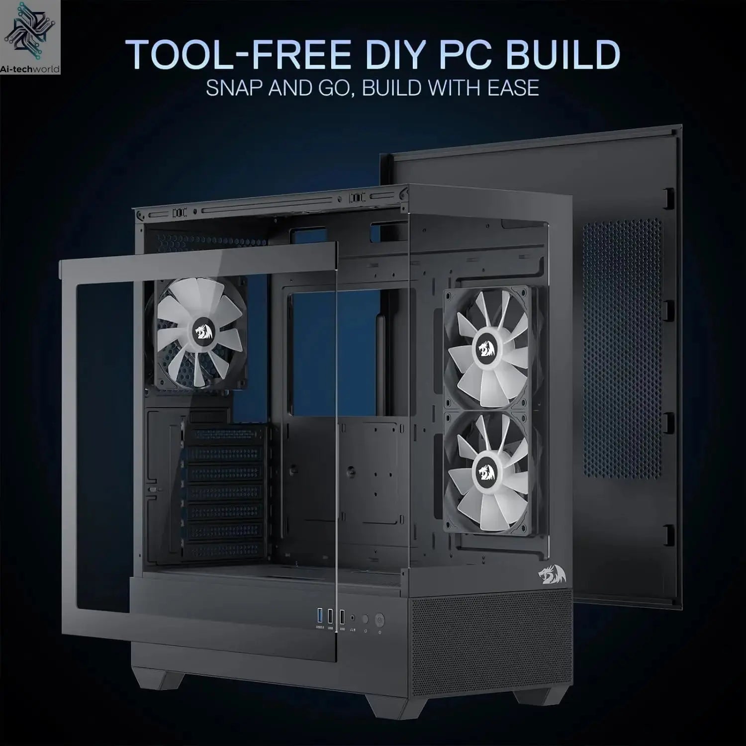 Redragon CA606 Gaming Back-Mounted ATX Computer Chassis,3 x 120mm Fans Pre-Installed 270° Full View PC Case, Ai-TechWorld 