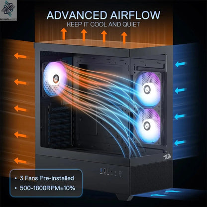 Redragon CA606 Gaming Back-Mounted ATX Computer Chassis,3 x 120mm Fans Pre-Installed 270° Full View PC Case, Ai-TechWorld 