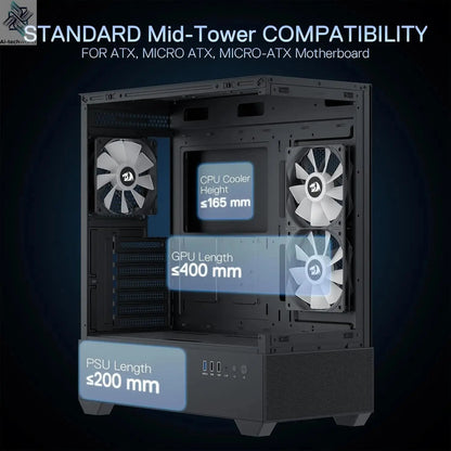 Redragon CA606 Gaming Back-Mounted ATX Computer Chassis,3 x 120mm Fans Pre-Installed 270° Full View PC Case, Ai-TechWorld 
