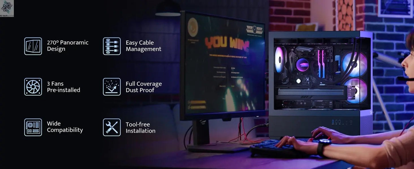 Redragon CA606 Gaming Back-Mounted ATX Computer Chassis,3 x 120mm Fans Pre-Installed 270° Full View PC Case, Ai-TechWorld 