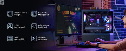 Redragon CA606 Gaming Back-Mounted ATX Computer Chassis,3 x 120mm Fans Pre-Installed 270° Full View PC Case, Ai-TechWorld 