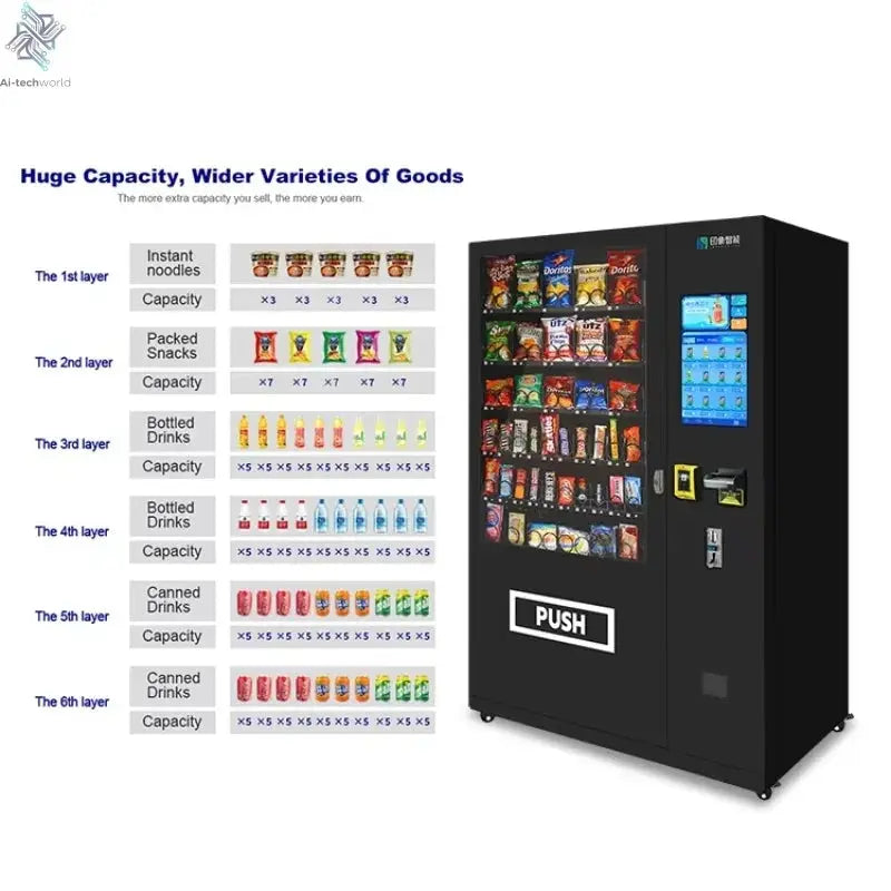 Refrigerated Wall Mounted Vending Machine Combo Hot Sellers for Foods and Drinks 21.5 Inch Digital Touch Screen Ai-TechWorld 