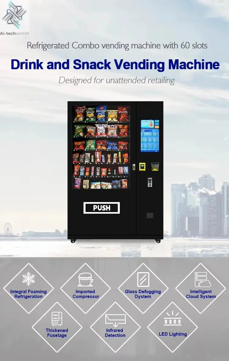 Refrigerated Wall Mounted Vending Machine Combo Hot Sellers for Foods and Drinks 21.5 Inch Digital Touch Screen Ai-TechWorld 