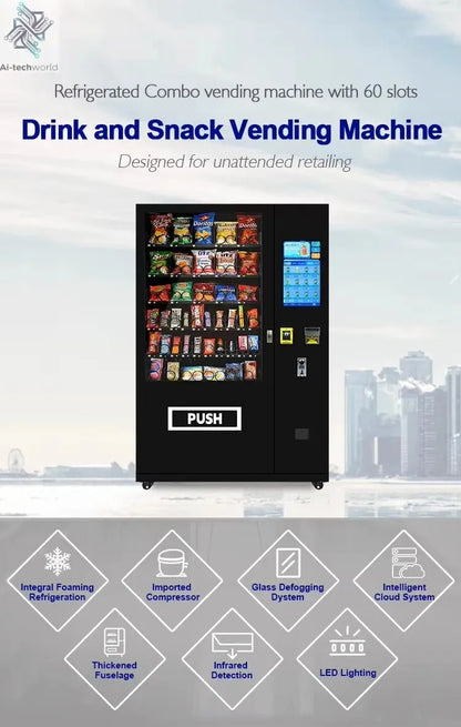 Refrigerated Wall Mounted Vending Machine Combo Hot Sellers for Foods and Drinks 21.5 Inch Digital Touch Screen Ai-TechWorld 
