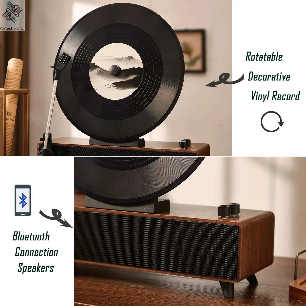 Retro Bluetooth Speaker with Vintage Vertical Record Design, Earthy Aesthetic Home Decor for Kitchen, Bedroom, Apartment, Desk Ai-TechWorld 