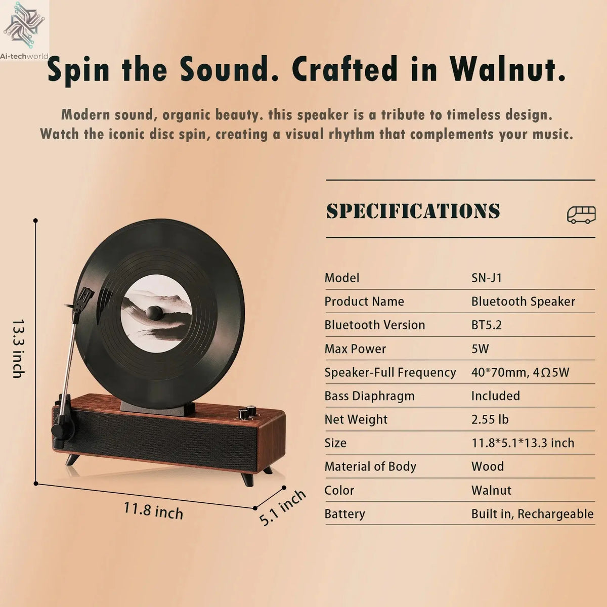 Retro Bluetooth Speaker with Vintage Vertical Record Design, Earthy Aesthetic Home Decor for Kitchen, Bedroom, Apartment, Desk Ai-TechWorld 