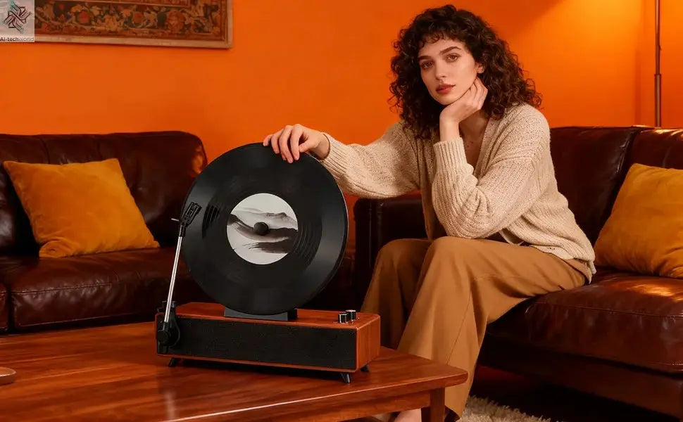 Retro Bluetooth Speaker with Vintage Vertical Record Design, Earthy Aesthetic Home Decor for Kitchen, Bedroom, Apartment, Desk Ai-TechWorld 