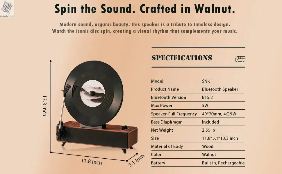 Retro Bluetooth Speaker with Vintage Vertical Record Design, Earthy Aesthetic Home Decor for Kitchen, Bedroom, Apartment, Desk Ai-TechWorld 
