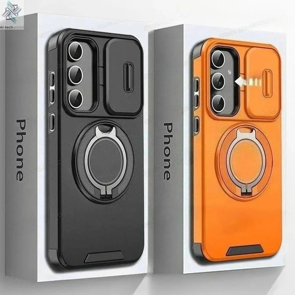 Ring Magnetic Folding Stand Dual Layer Phone Case For Samsung Galaxy S25FE S25 Edge A17 A07 M56 A56 A05 A05S 5G Slide Lens Cover Ai-TechWorld 