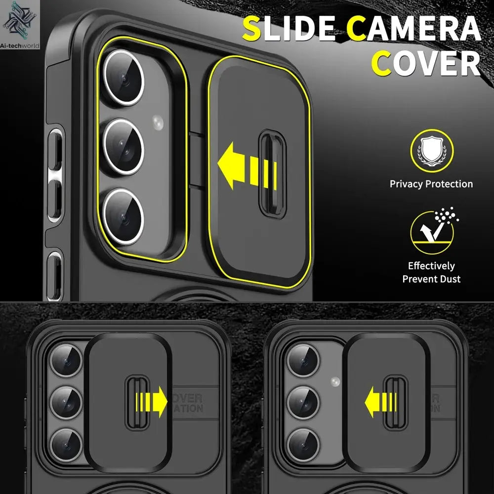 Ring Magnetic Folding Stand Dual Layer Phone Case For Samsung Galaxy S25FE S25 Edge A17 A07 M56 A56 A05 A05S 5G Slide Lens Cover Ai-TechWorld 