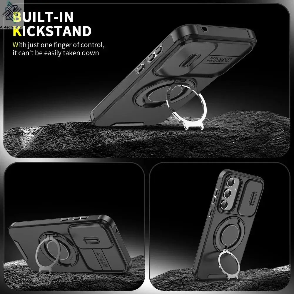 Ring Magnetic Folding Stand Dual Layer Phone Case For Samsung Galaxy S25FE S25 Edge A17 A07 M56 A56 A05 A05S 5G Slide Lens Cover Ai-TechWorld 