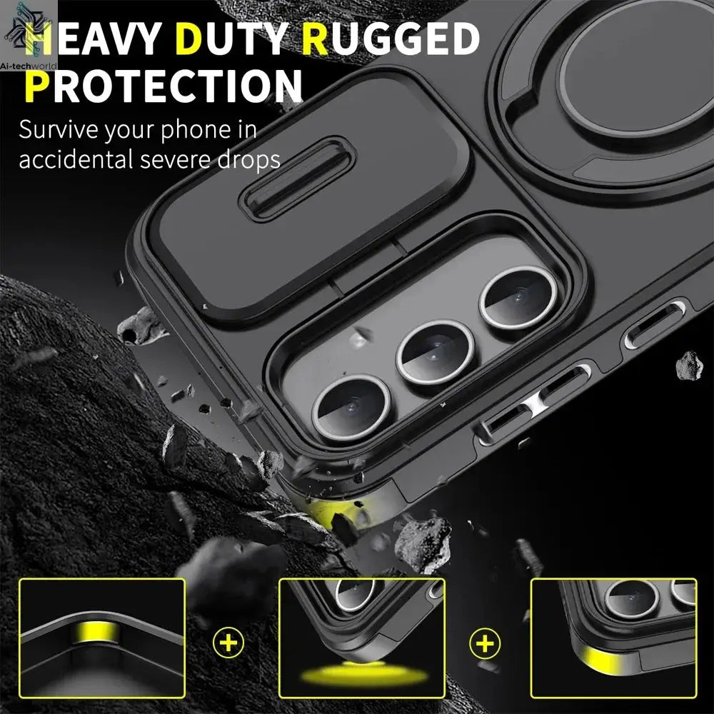 Ring Magnetic Folding Stand Dual Layer Phone Case For Samsung Galaxy S25FE S25 Edge A17 A07 M56 A56 A05 A05S 5G Slide Lens Cover Ai-TechWorld 