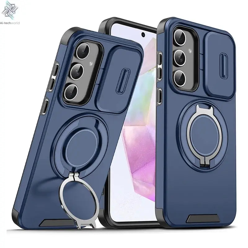 Ring Magnetic Folding Stand Dual Layer Phone Case For Samsung Galaxy S25FE S25 Edge A17 A07 M56 A56 A05 A05S 5G Slide Lens Cover Ai-TechWorld 