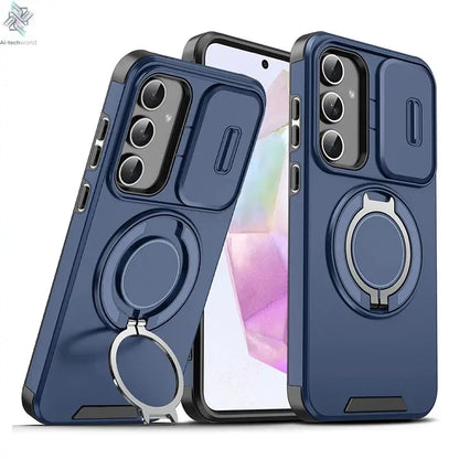Ring Magnetic Folding Stand Dual Layer Phone Case For Samsung Galaxy S25FE S25 Edge A17 A07 M56 A56 A05 A05S 5G Slide Lens Cover Ai-TechWorld 