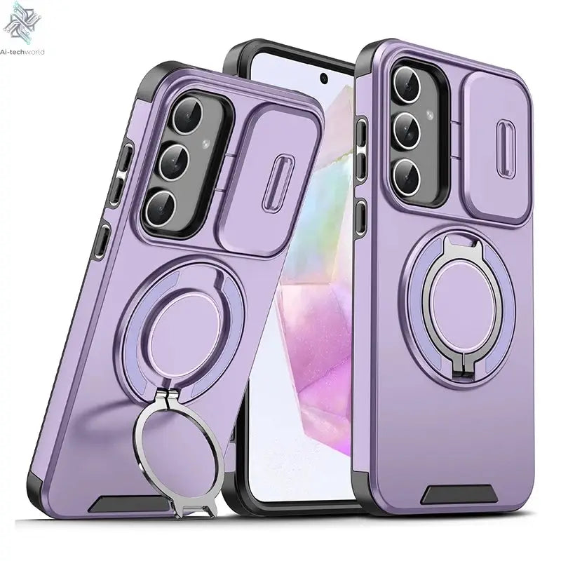 Ring Magnetic Folding Stand Dual Layer Phone Case For Samsung Galaxy S25FE S25 Edge A17 A07 M56 A56 A05 A05S 5G Slide Lens Cover Ai-TechWorld 