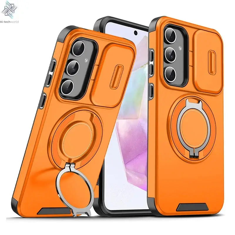 Ring Magnetic Folding Stand Dual Layer Phone Case For Samsung Galaxy S25FE S25 Edge A17 A07 M56 A56 A05 A05S 5G Slide Lens Cover Ai-TechWorld 