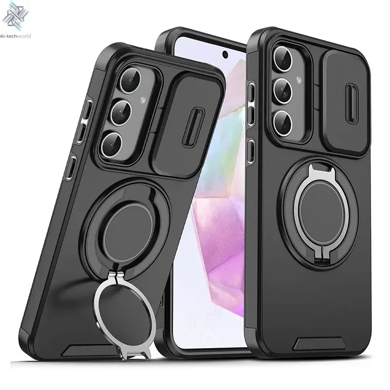 Ring Magnetic Folding Stand Dual Layer Phone Case For Samsung Galaxy S25FE S25 Edge A17 A07 M56 A56 A05 A05S 5G Slide Lens Cover Ai-TechWorld 