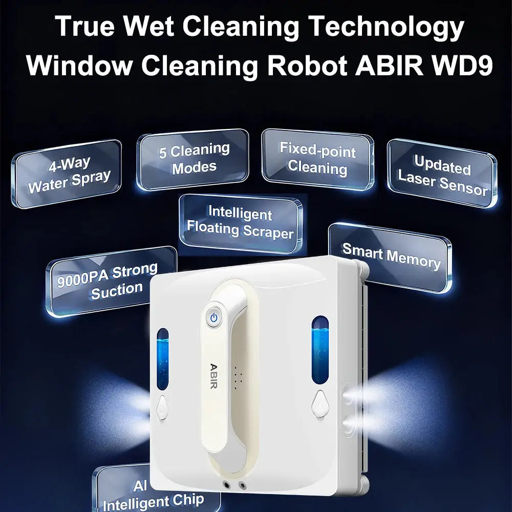 Robot Window Vacuum Cleaner ABIR WD9,4-Way Water Spray, Laser Sensor,9000PA Suction, Low Nosise,Wet Dry Scrape & Wipe in One - Ai-TechWorld