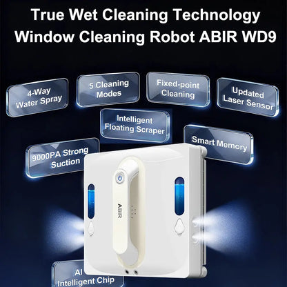 Robot Window Vacuum Cleaner ABIR WD9,4-Way Water Spray, Laser Sensor,9000PA Suction, Low Nosise,Wet Dry Scrape & Wipe in One - Ai-TechWorld