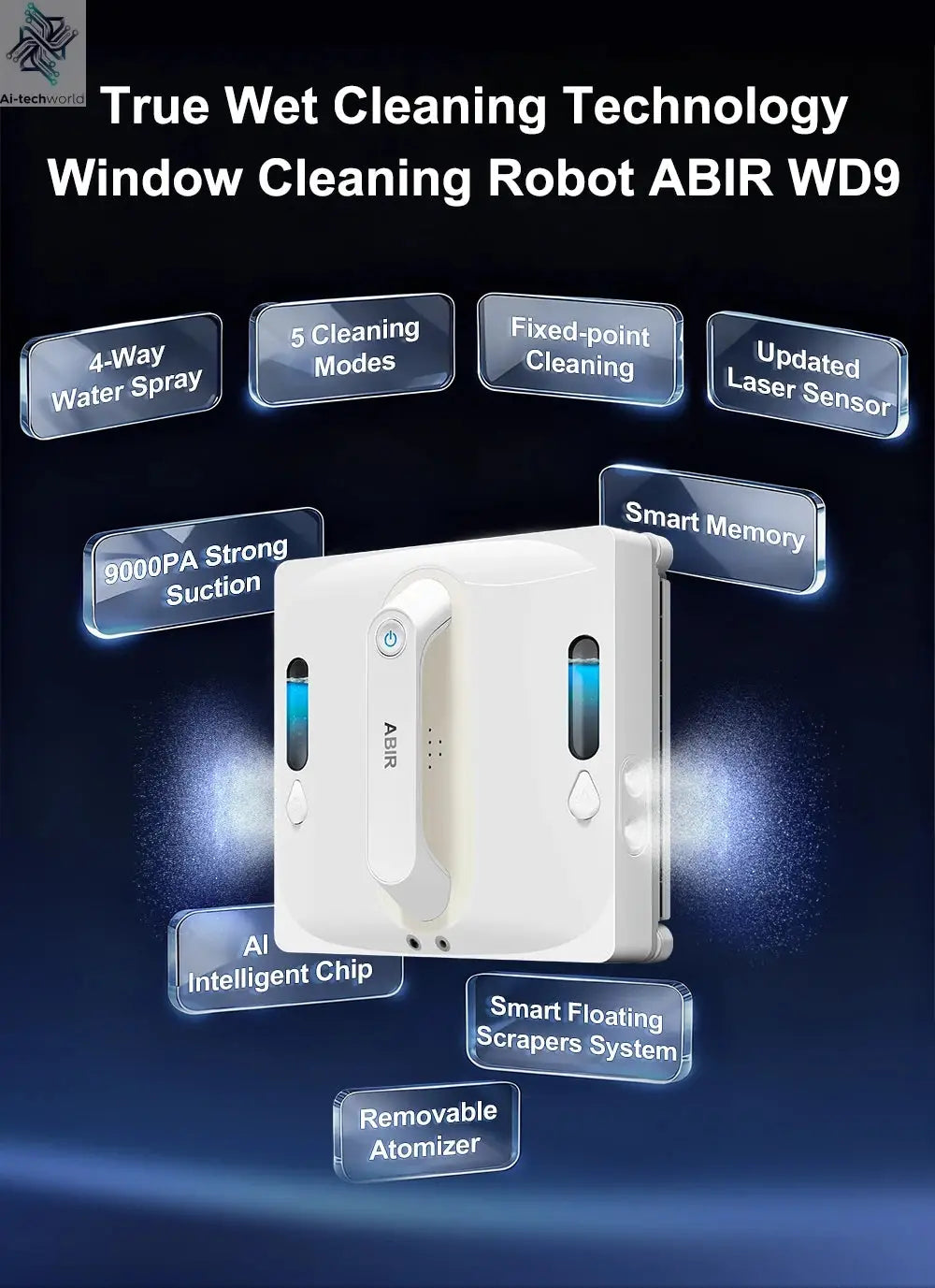 Robot Window Vacuum Cleaner ABIR WD9,4-Way Water Spray, Laser Sensor,9000PA Suction, Low Nosise,Wet Dry Scrape & Wipe in One - Ai-TechWorld