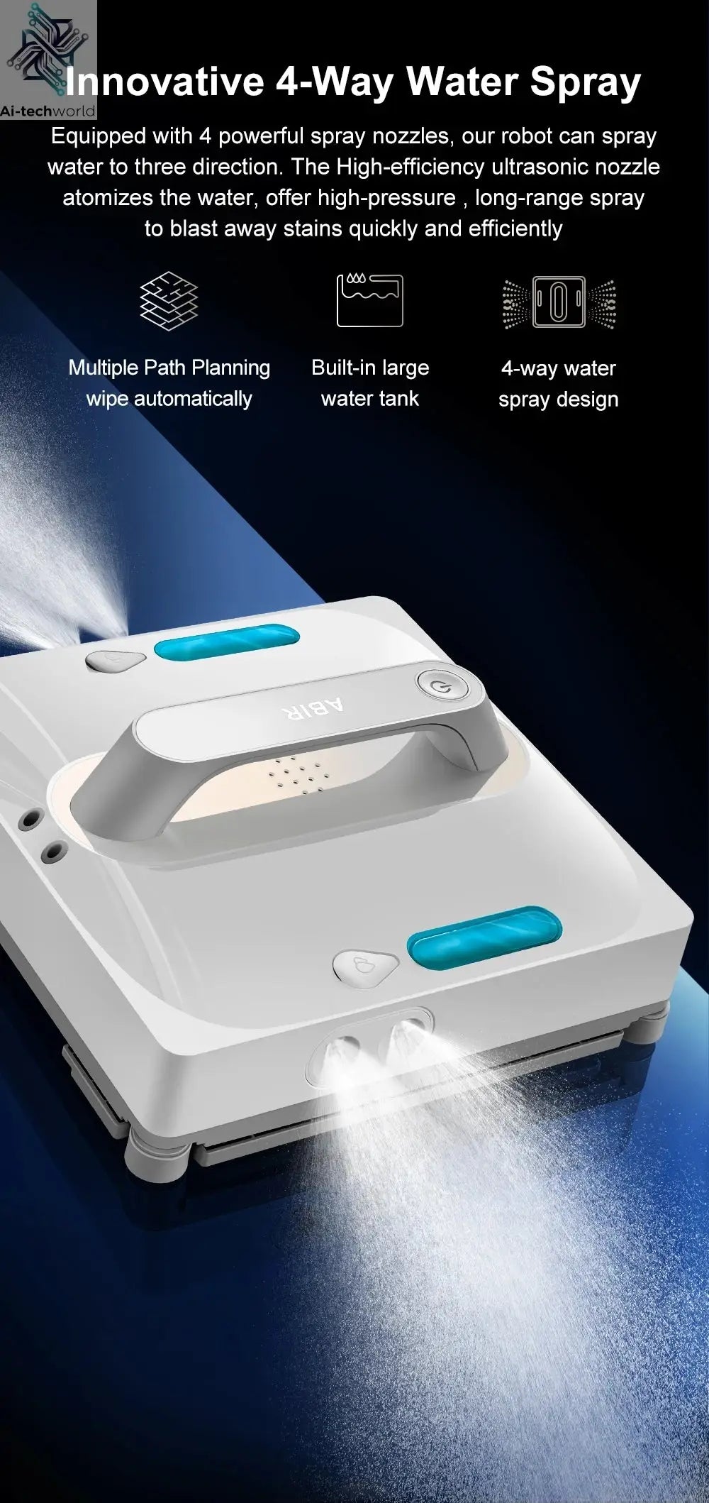 Robot Window Vacuum Cleaner ABIR WD9,4-Way Water Spray, Laser Sensor,9000PA Suction, Low Nosise,Wet Dry Scrape & Wipe in One - Ai-TechWorld