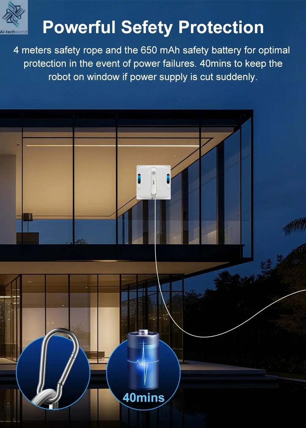 Robot Window Vacuum Cleaner ABIR WD9,4-Way Water Spray, Laser Sensor,9000PA Suction, Low Nosise,Wet Dry Scrape & Wipe in One - Ai-TechWorld