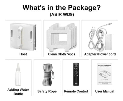 Robot Window Vacuum Cleaner ABIR WD9,4-Way Water Spray, Laser Sensor,9000PA Suction, Low Nosise,Wet Dry Scrape & Wipe in One - Ai-TechWorld