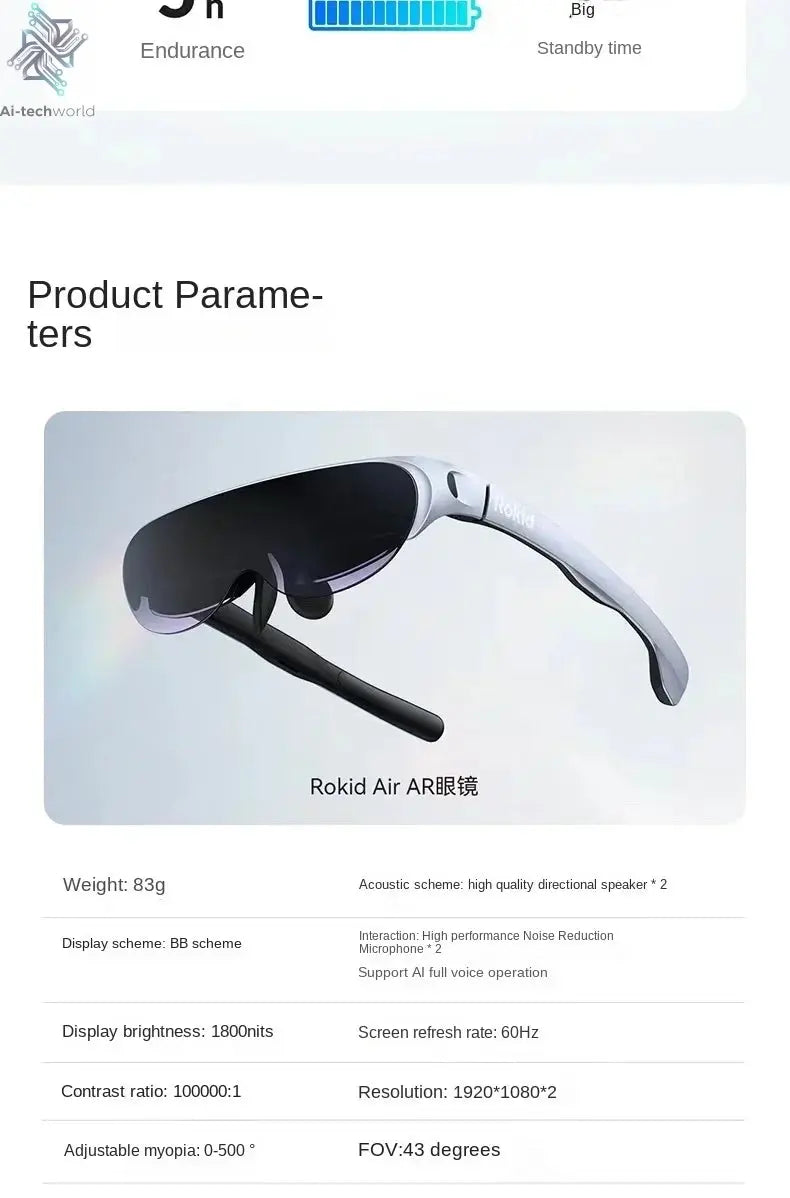Rokid Air AR Smart Glasses 120" Screen with 1080P OLED Dual Display 43°FoV 55PPD Foldable Home Game Viewing Device Ai-TechWorld 