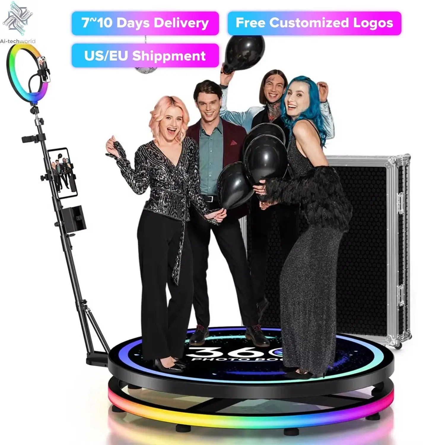 Rotating 360 Photo Booth Machine Selfie Stand Free Customize Logo With RGB Light App Remote Control For Parties Events With Case Ai-TechWorld 