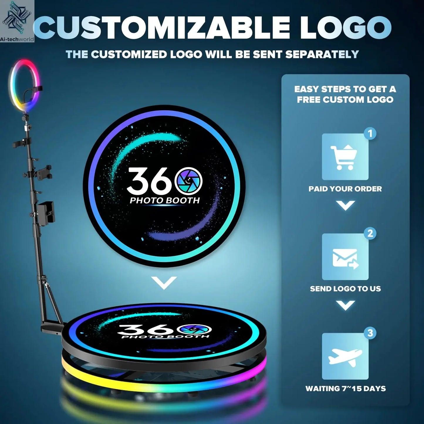 Rotating 360 Photo Booth Machine Selfie Stand Free Customize Logo With RGB Light App Remote Control For Parties Events With Case Ai-TechWorld 