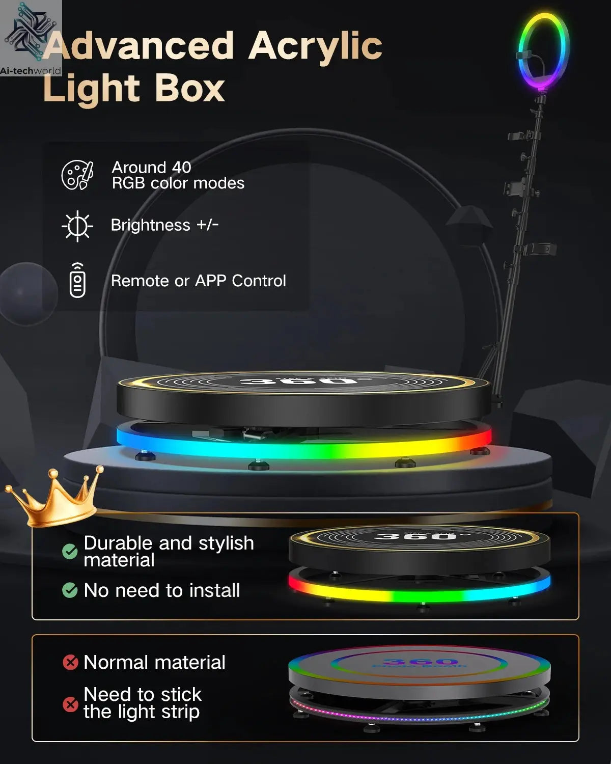 Rotating 360 Photo Booth Machine Selfie Stand Free Customize Logo With RGB Light App Remote Control For Parties Events With Case Ai-TechWorld 