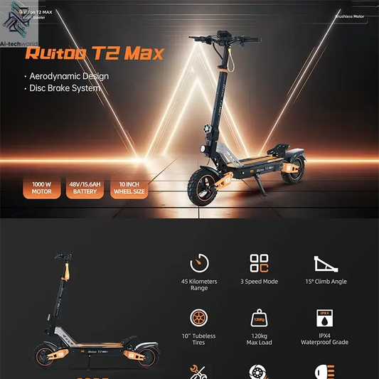 Ruitoo T2Max 1000W Nice design Electric Scooter Folding Two Wheel Scooter for Adults Ai-TechWorld 
