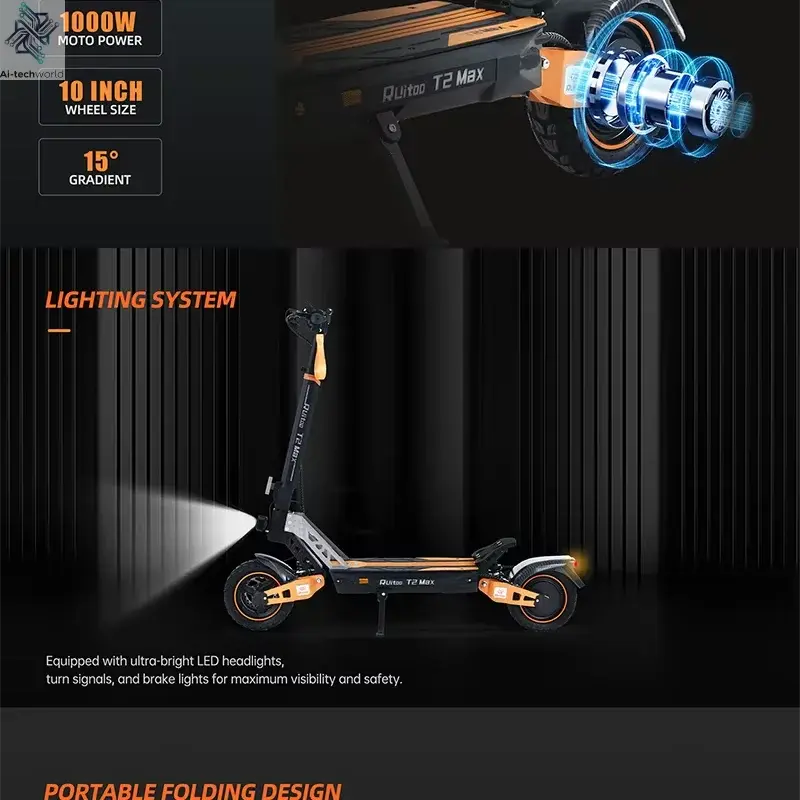 Ruitoo T2Max 1000W Nice design Electric Scooter Folding Two Wheel Scooter for Adults Ai-TechWorld 