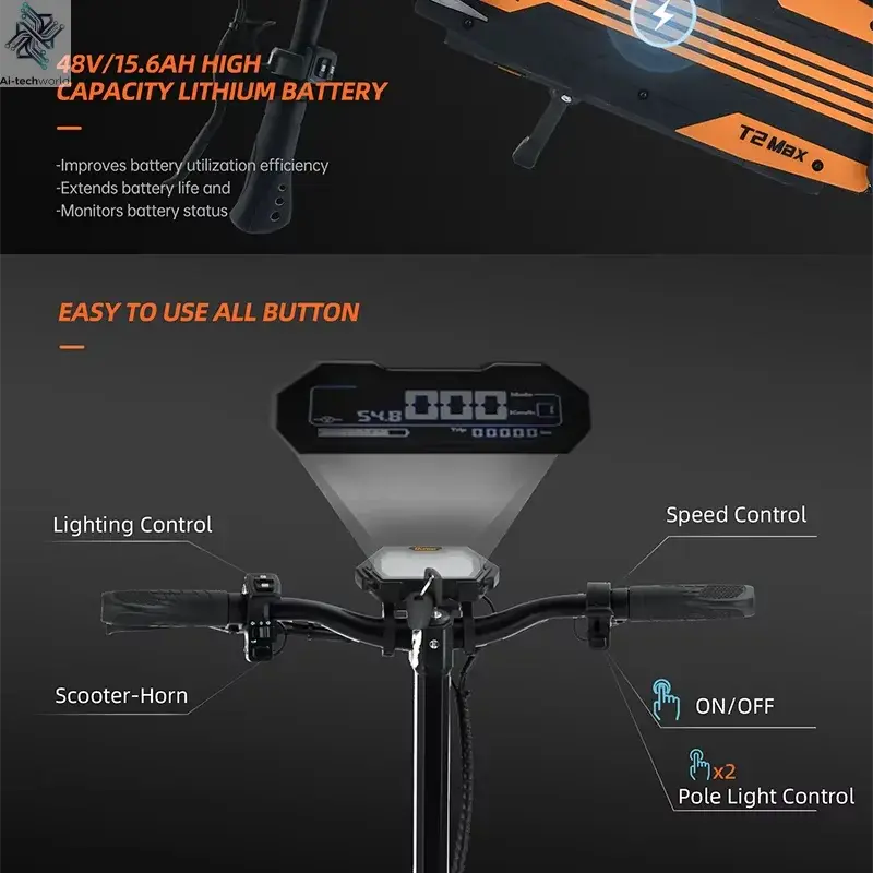 Ruitoo T2Max 1000W Nice design Electric Scooter Folding Two Wheel Scooter for Adults Ai-TechWorld 