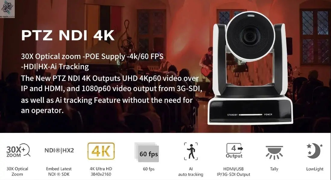 Runpu 4K NDI Camera 60FPS 30X Optical Zoom AI Auto Tracking PTZ Conference Camera with PoE HDMI SDI USB for Live Streaming OBS - Ai - TechWorld