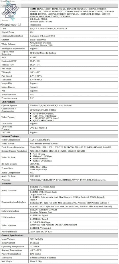 Runpu 4K NDI Camera 60FPS 30X Optical Zoom AI Auto Tracking PTZ Conference Camera with PoE HDMI SDI USB for Live Streaming OBS - Ai - TechWorld