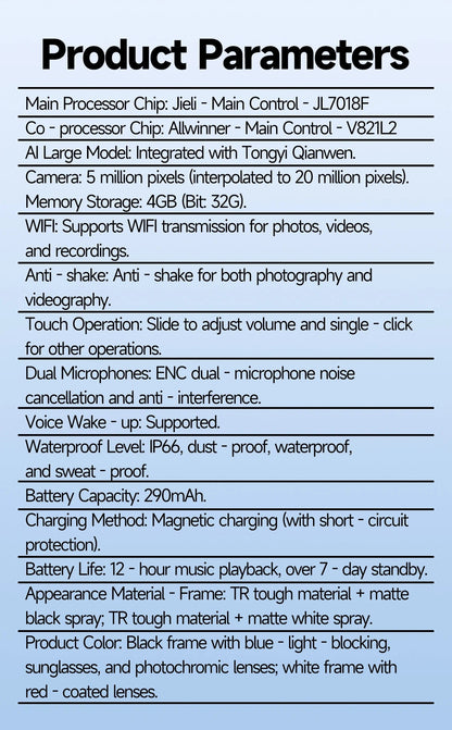 AI Smart Glasses 5 Million Pixels Recording Videos Photo Recognition Answer Translation 290mAh IP66 Waterproof Bluetooth Glasses Ai-TechWorld 