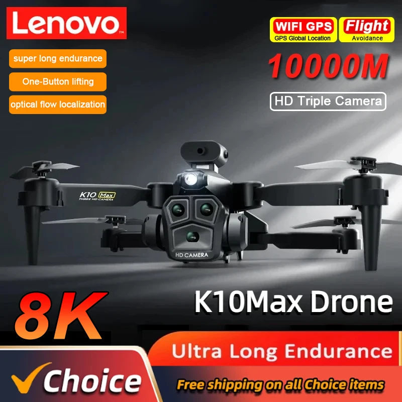 Lenovo K10Max Drone 8K Professinal Three Camera Optical Flow Localization Four-way Obstacle Avoidance RC for Adults Child Toys Ai-TechWorld 